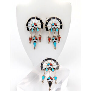 Signed RL Zuni Inlay Earrings and Brooch Set Sterling Silver VTG Native American